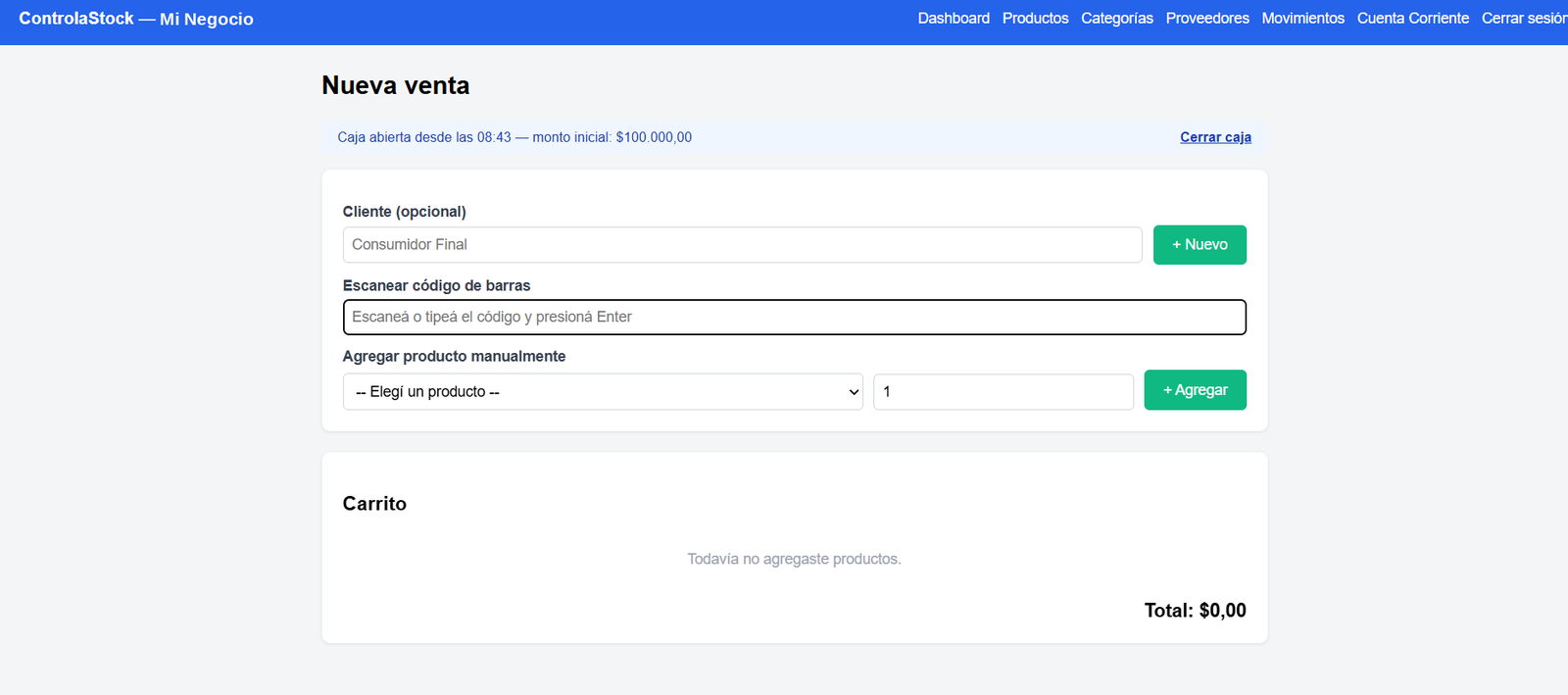Pantalla de nueva venta de ControlaStock, con búsqueda de productos, escaneo de código de barras y carrito de compra